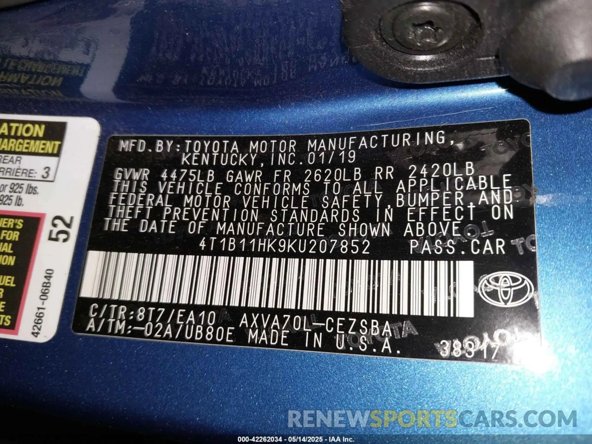 9 Photograph of a damaged car 4T1B11HK9KU207852 TOYOTA CAMRY 2019