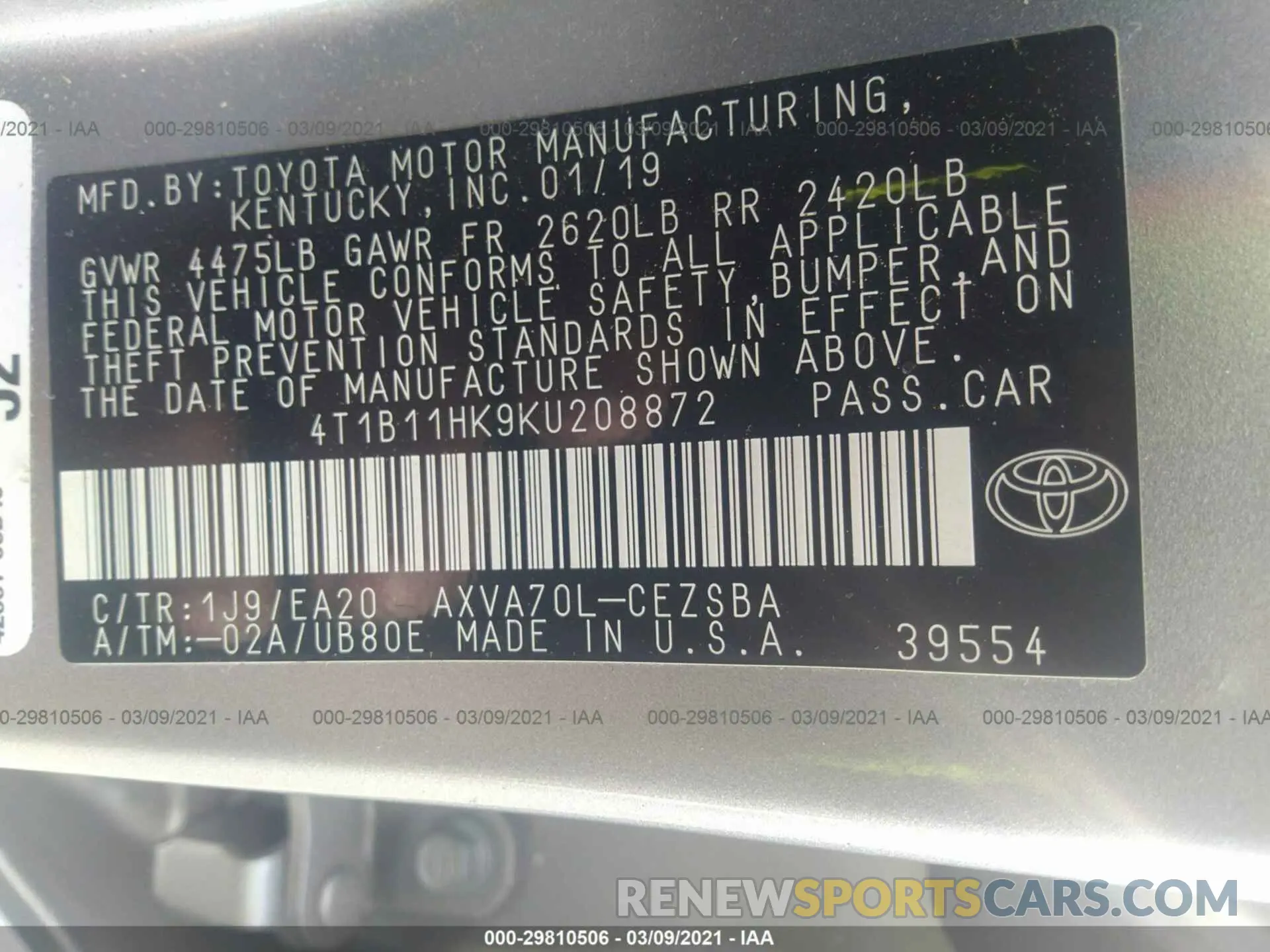 9 Photograph of a damaged car 4T1B11HK9KU208872 TOYOTA CAMRY 2019