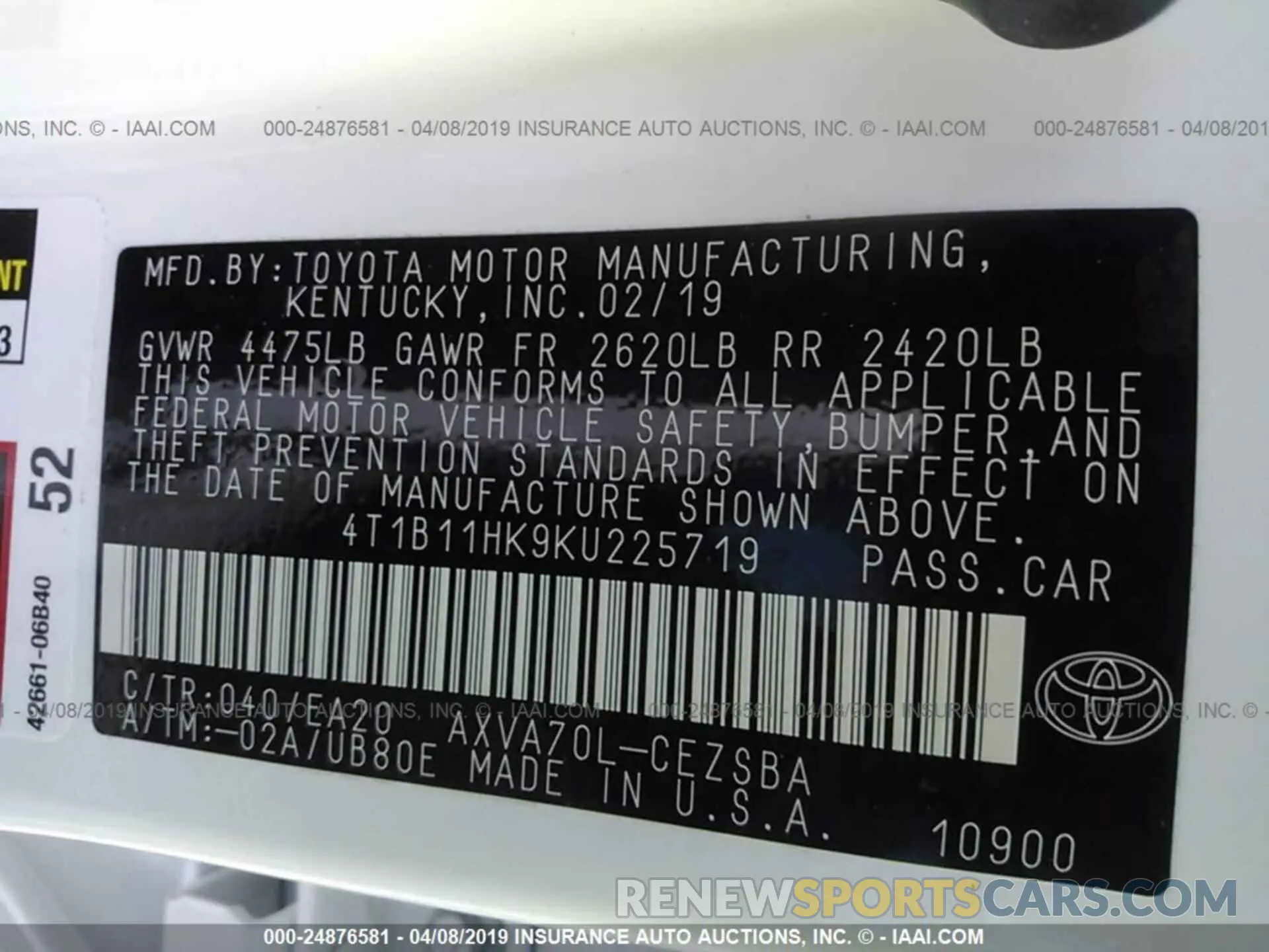 9 Photograph of a damaged car 4T1B11HK9KU225719 TOYOTA CAMRY 2019