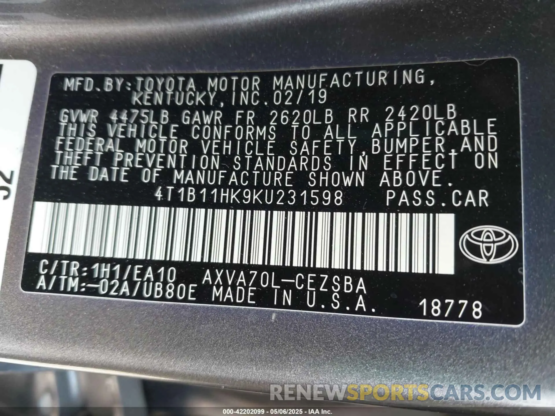 9 Photograph of a damaged car 4T1B11HK9KU231598 TOYOTA CAMRY 2019