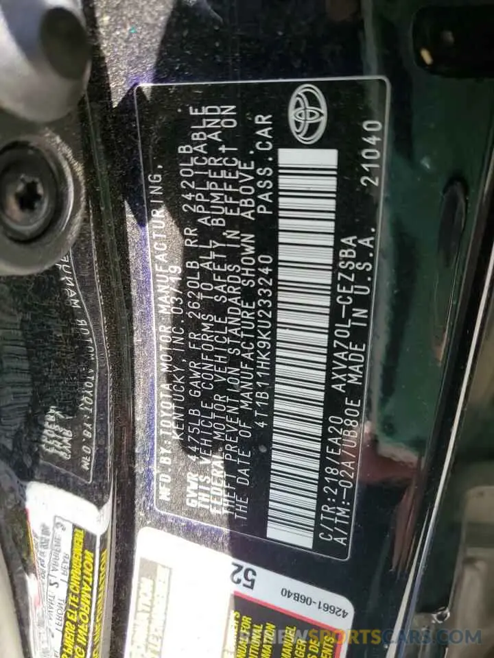 12 Photograph of a damaged car 4T1B11HK9KU233240 TOYOTA CAMRY 2019