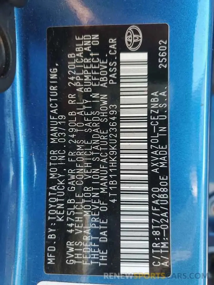 12 Photograph of a damaged car 4T1B11HK9KU236493 TOYOTA CAMRY 2019