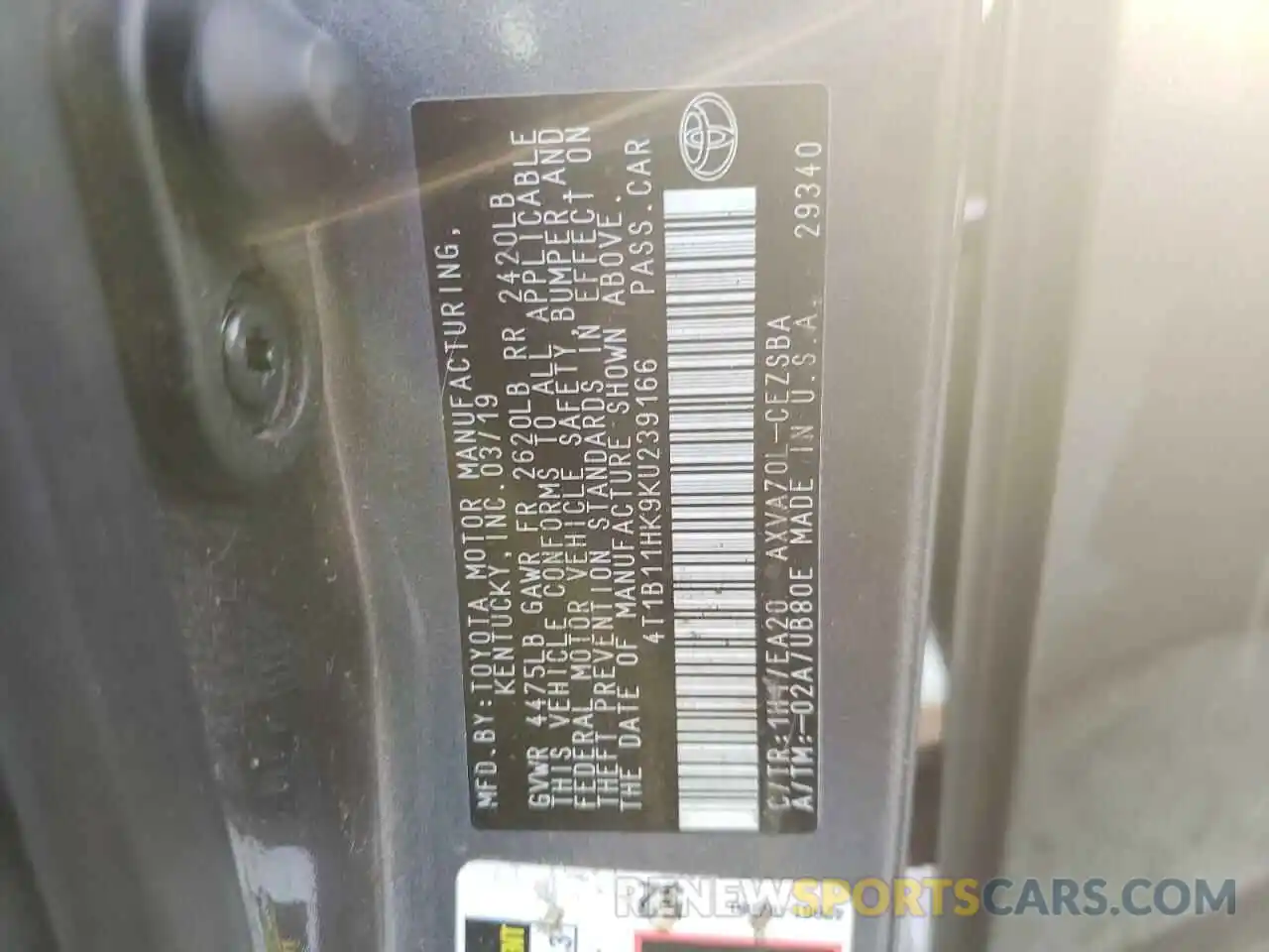 10 Photograph of a damaged car 4T1B11HK9KU239166 TOYOTA CAMRY 2019