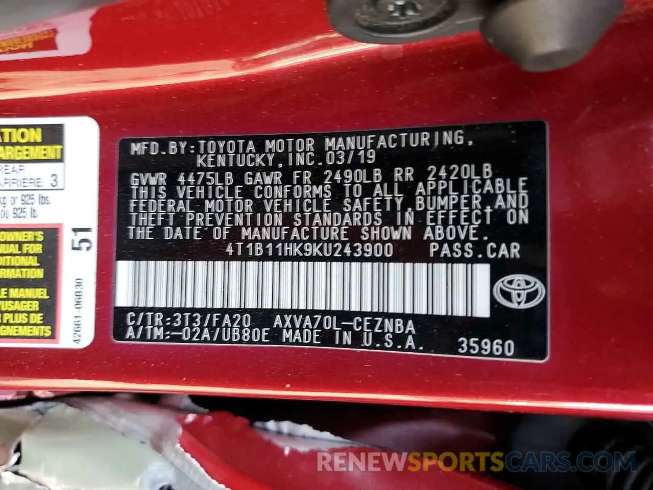 12 Photograph of a damaged car 4T1B11HK9KU243900 TOYOTA CAMRY 2019
