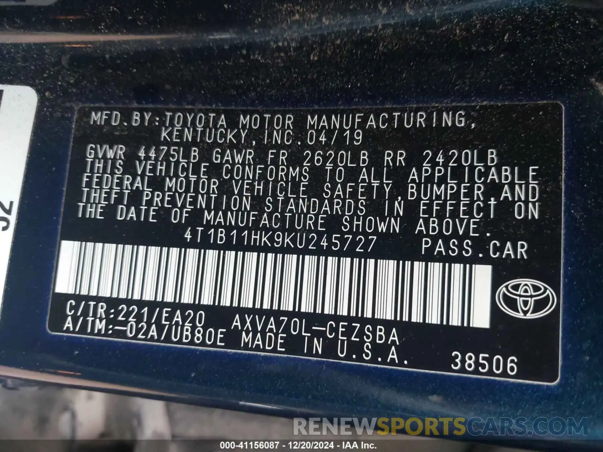 9 Photograph of a damaged car 4T1B11HK9KU245727 TOYOTA CAMRY 2019