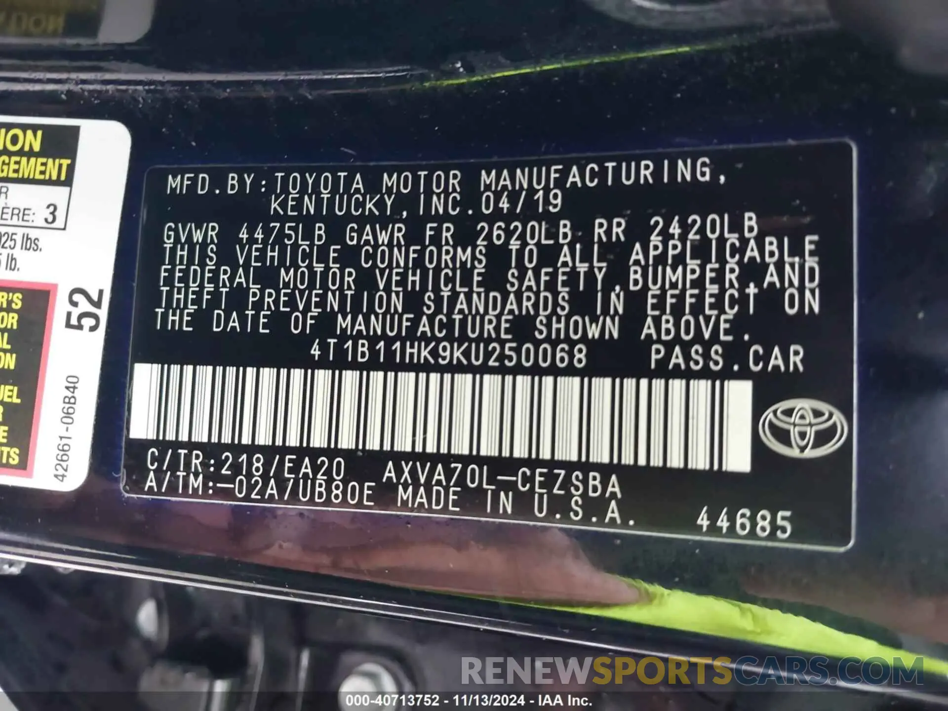 9 Photograph of a damaged car 4T1B11HK9KU250068 TOYOTA CAMRY 2019