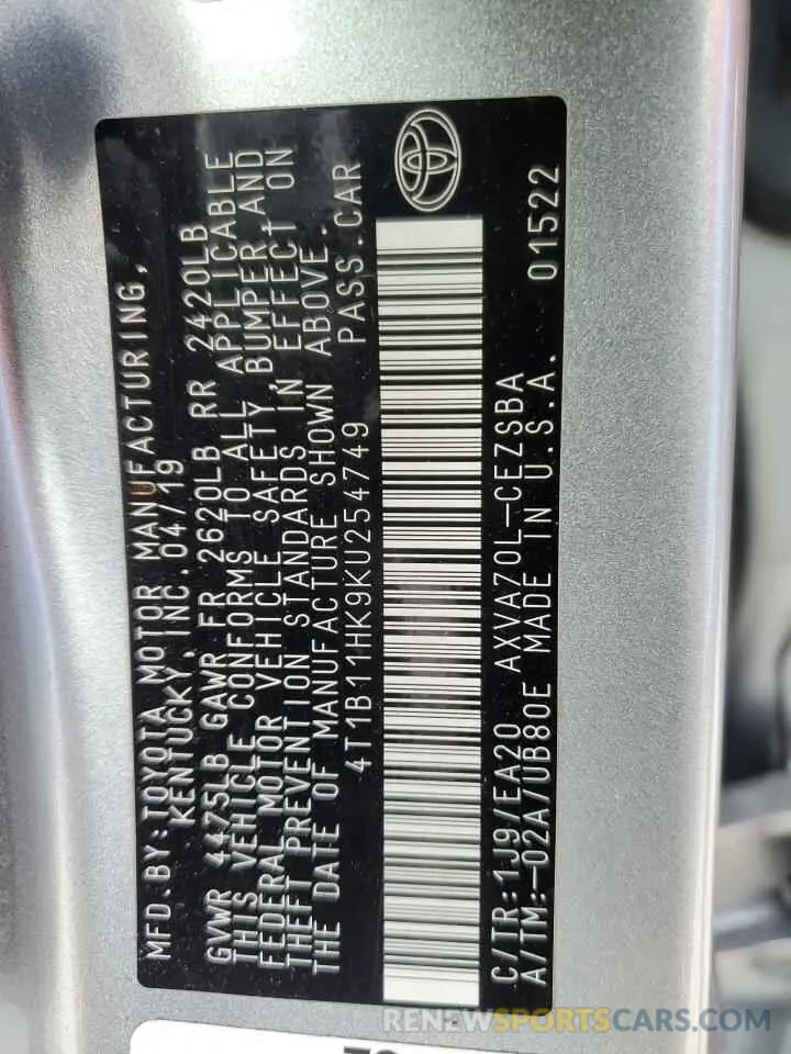 13 Photograph of a damaged car 4T1B11HK9KU254749 TOYOTA CAMRY 2019