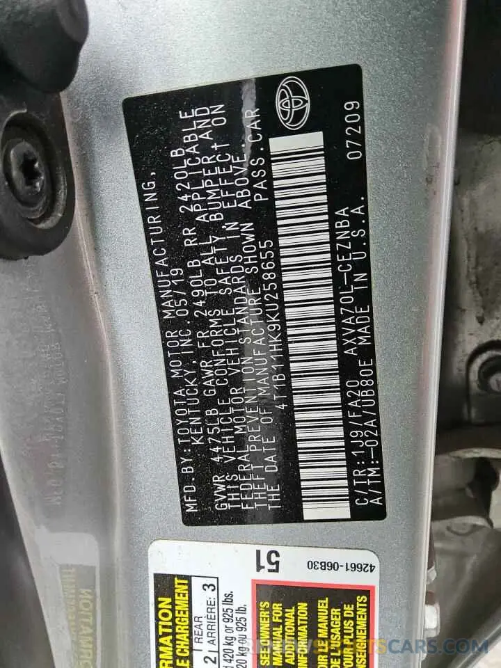 12 Photograph of a damaged car 4T1B11HK9KU258655 TOYOTA CAMRY 2019