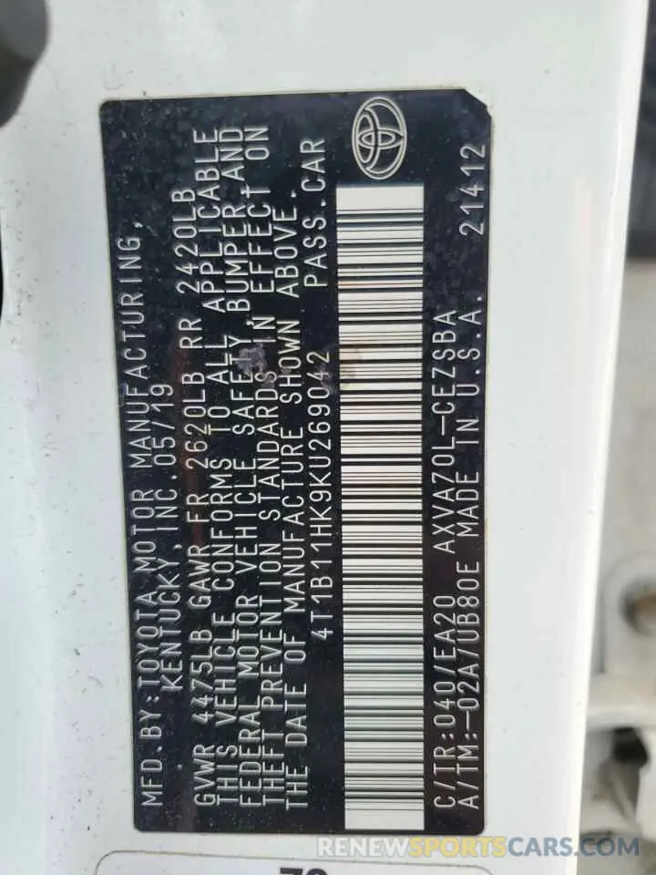 15 Photograph of a damaged car 4T1B11HK9KU269042 TOYOTA CAMRY 2019