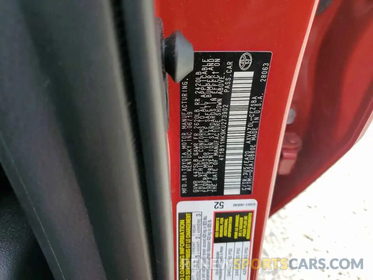 10 Photograph of a damaged car 4T1B11HK9KU273902 TOYOTA CAMRY 2019