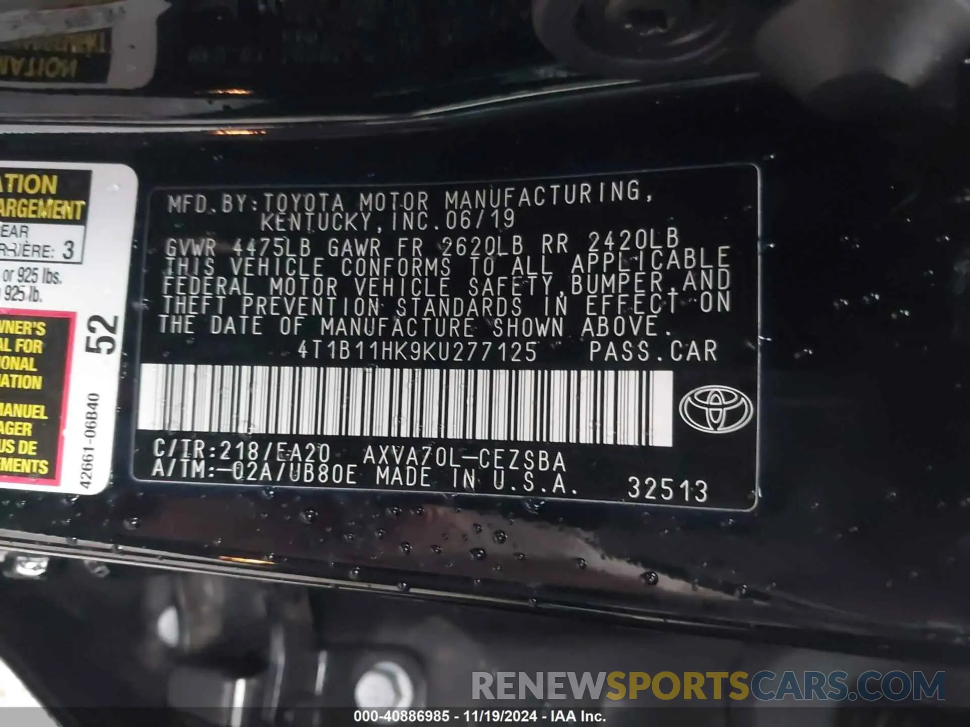 9 Photograph of a damaged car 4T1B11HK9KU277125 TOYOTA CAMRY 2019