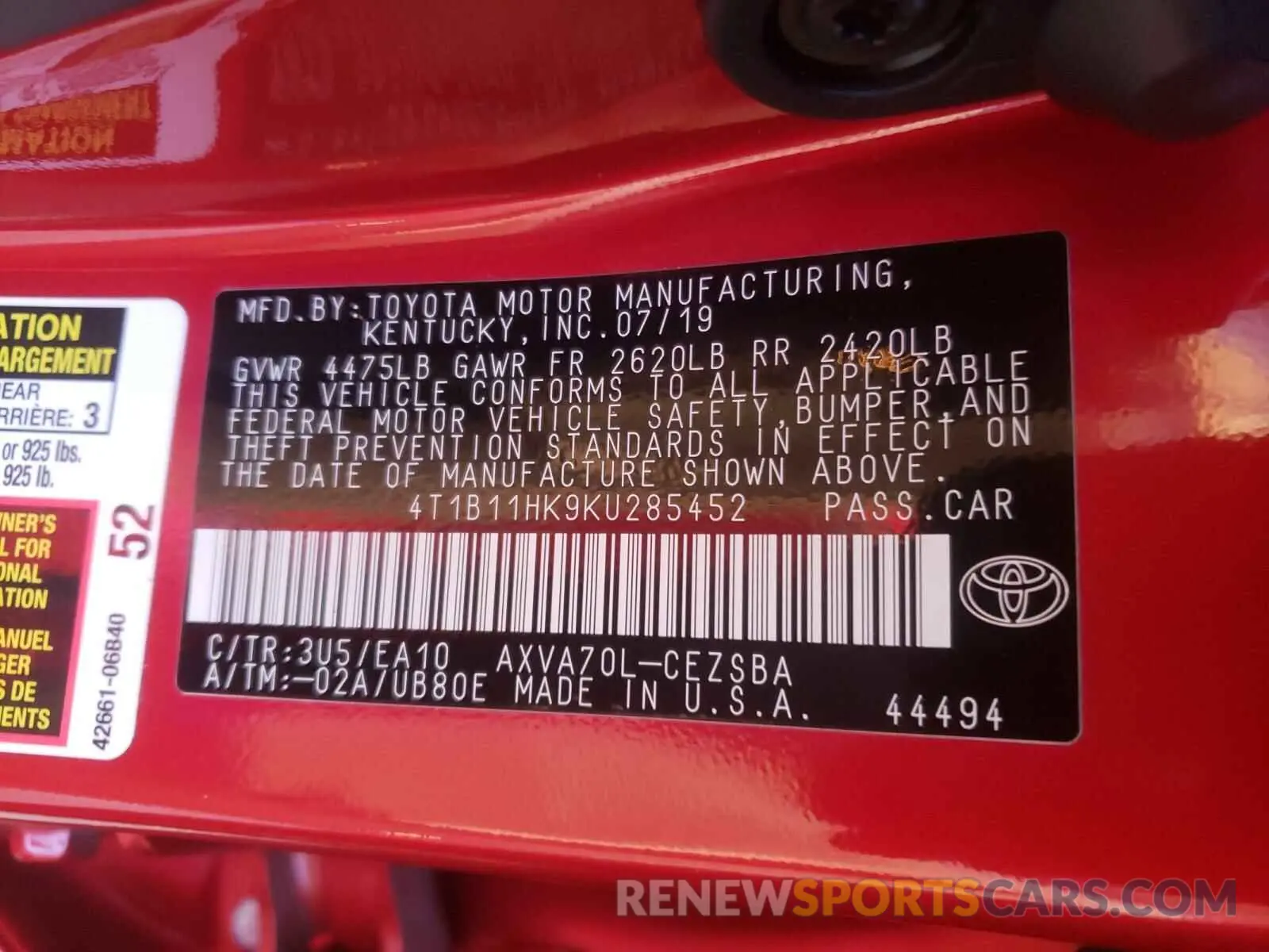 10 Photograph of a damaged car 4T1B11HK9KU285452 TOYOTA CAMRY 2019