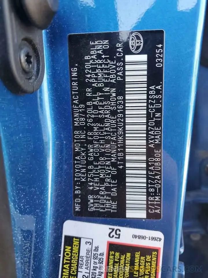 14 Photograph of a damaged car 4T1B11HK9KU291638 TOYOTA CAMRY 2019