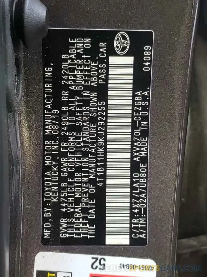 10 Photograph of a damaged car 4T1B11HK9KU292255 TOYOTA CAMRY 2019