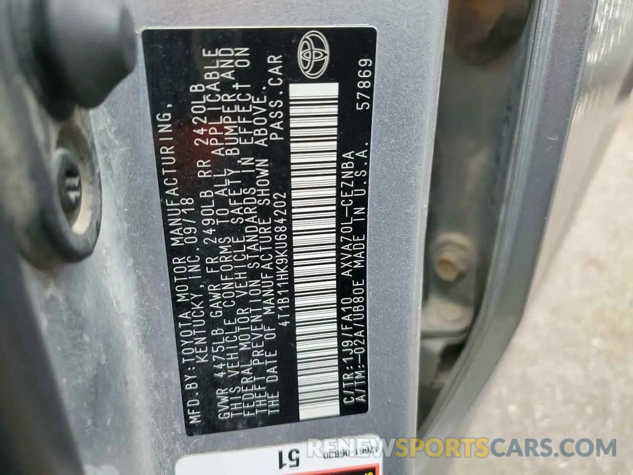 13 Photograph of a damaged car 4T1B11HK9KU684202 TOYOTA CAMRY 2019