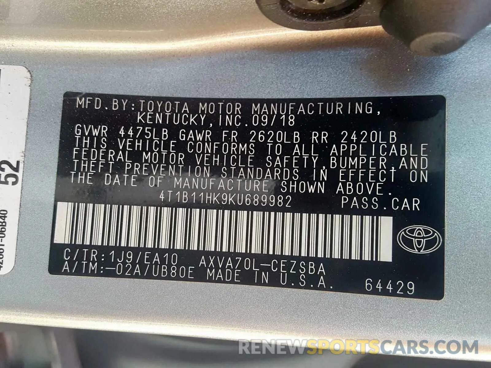 10 Photograph of a damaged car 4T1B11HK9KU689982 TOYOTA CAMRY 2019