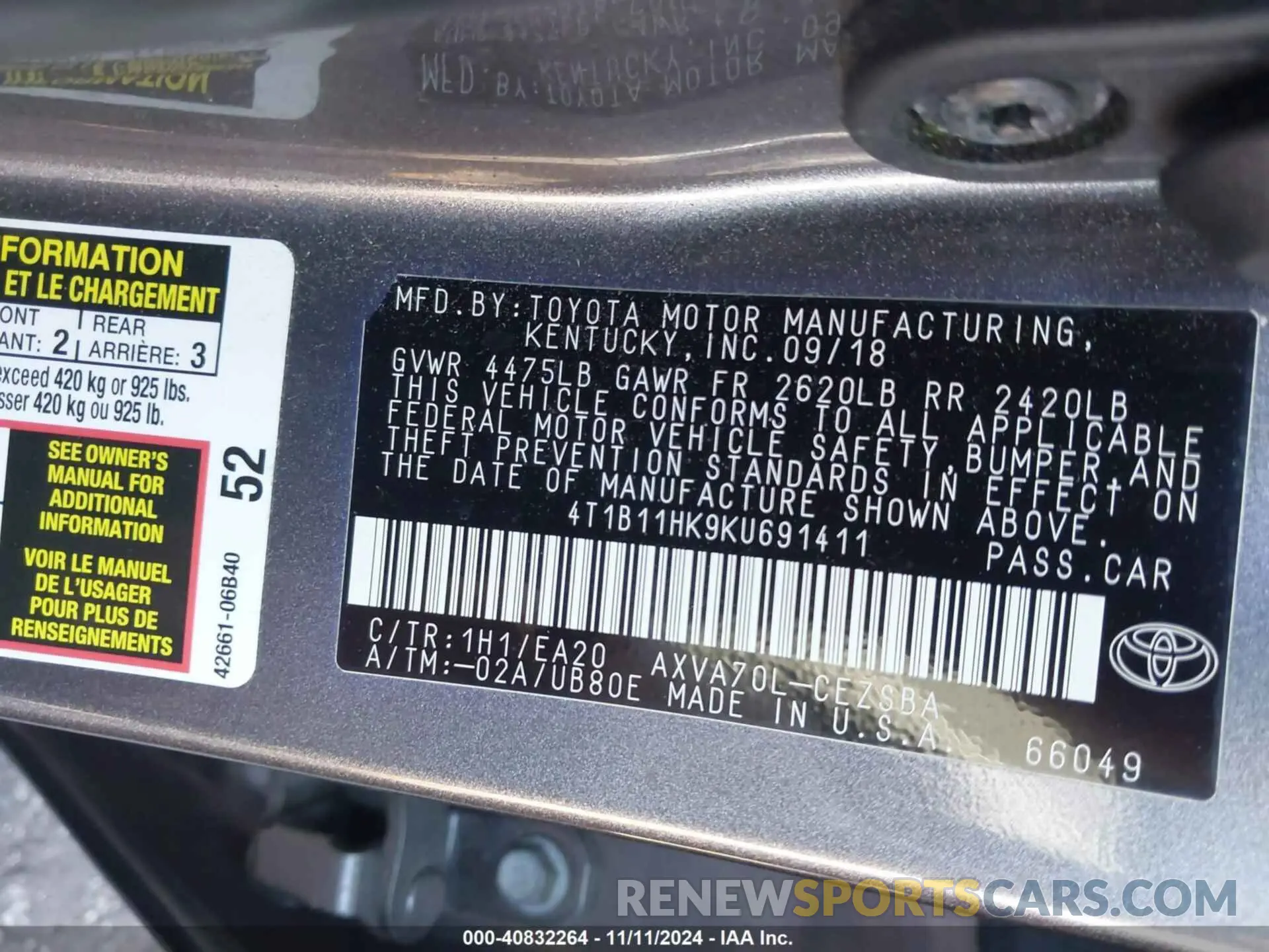 9 Photograph of a damaged car 4T1B11HK9KU691411 TOYOTA CAMRY 2019