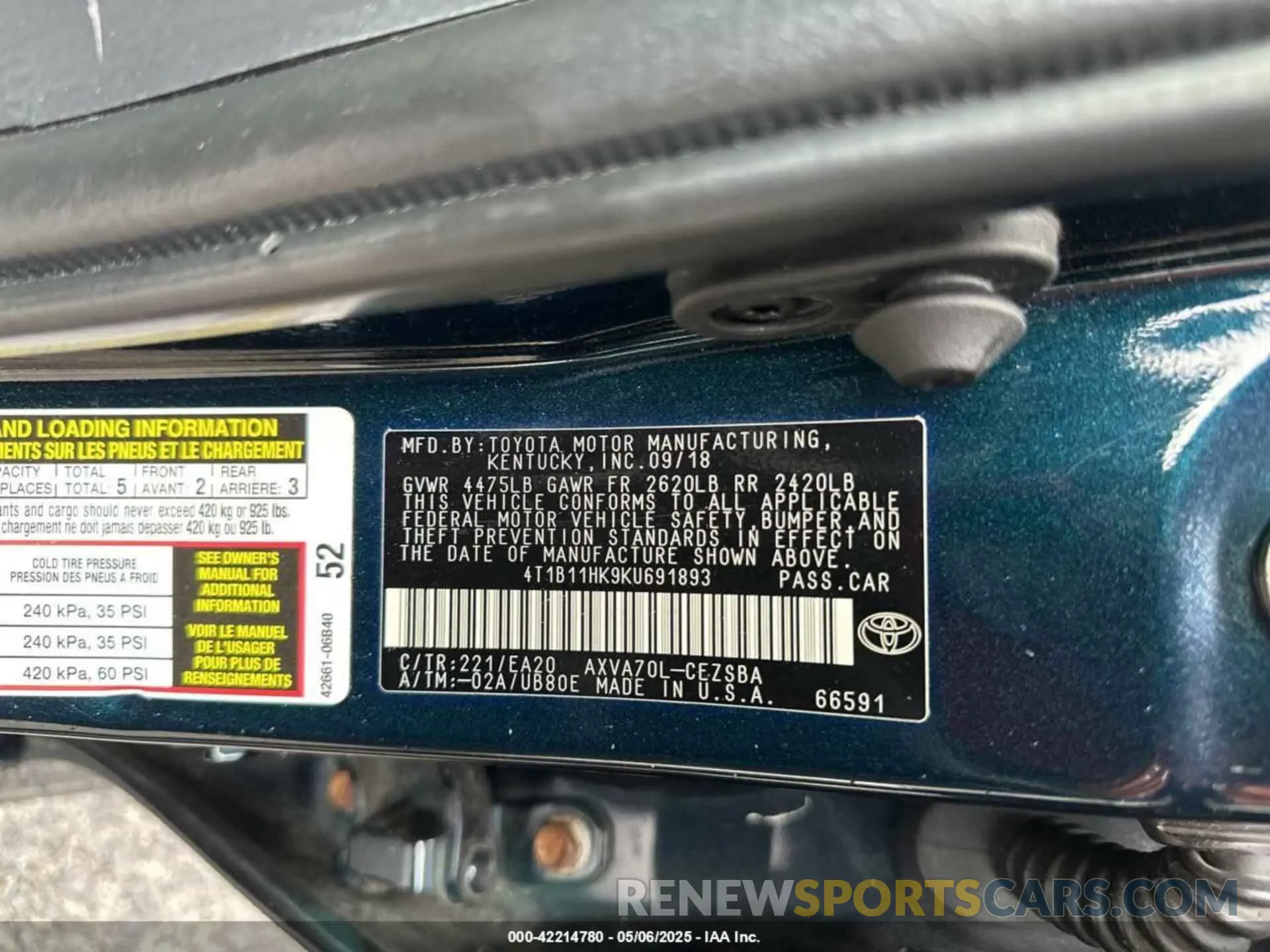 9 Photograph of a damaged car 4T1B11HK9KU691893 TOYOTA CAMRY 2019