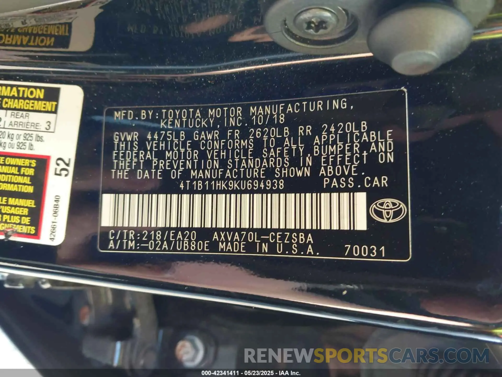 9 Photograph of a damaged car 4T1B11HK9KU694938 TOYOTA CAMRY 2019