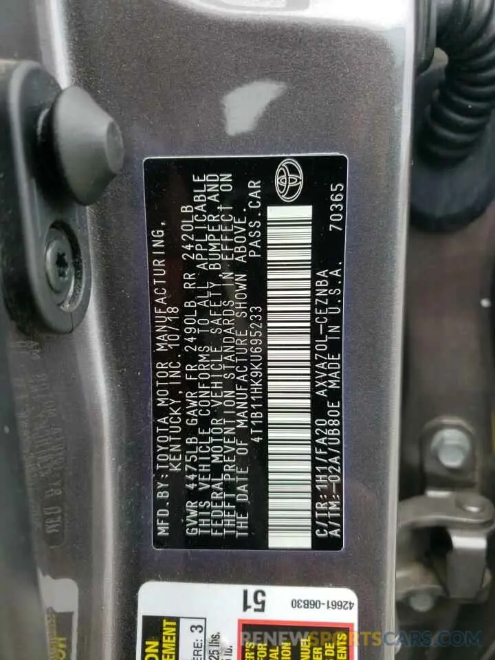 12 Photograph of a damaged car 4T1B11HK9KU695233 TOYOTA CAMRY 2019