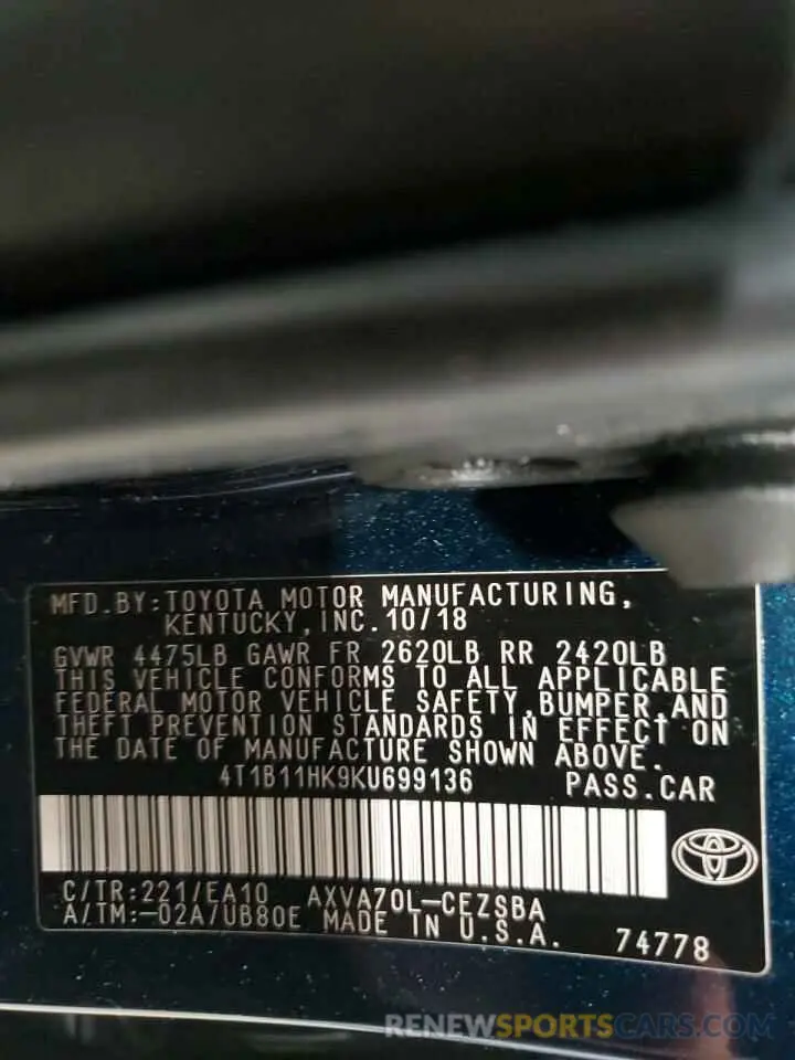 12 Photograph of a damaged car 4T1B11HK9KU699136 TOYOTA CAMRY 2019