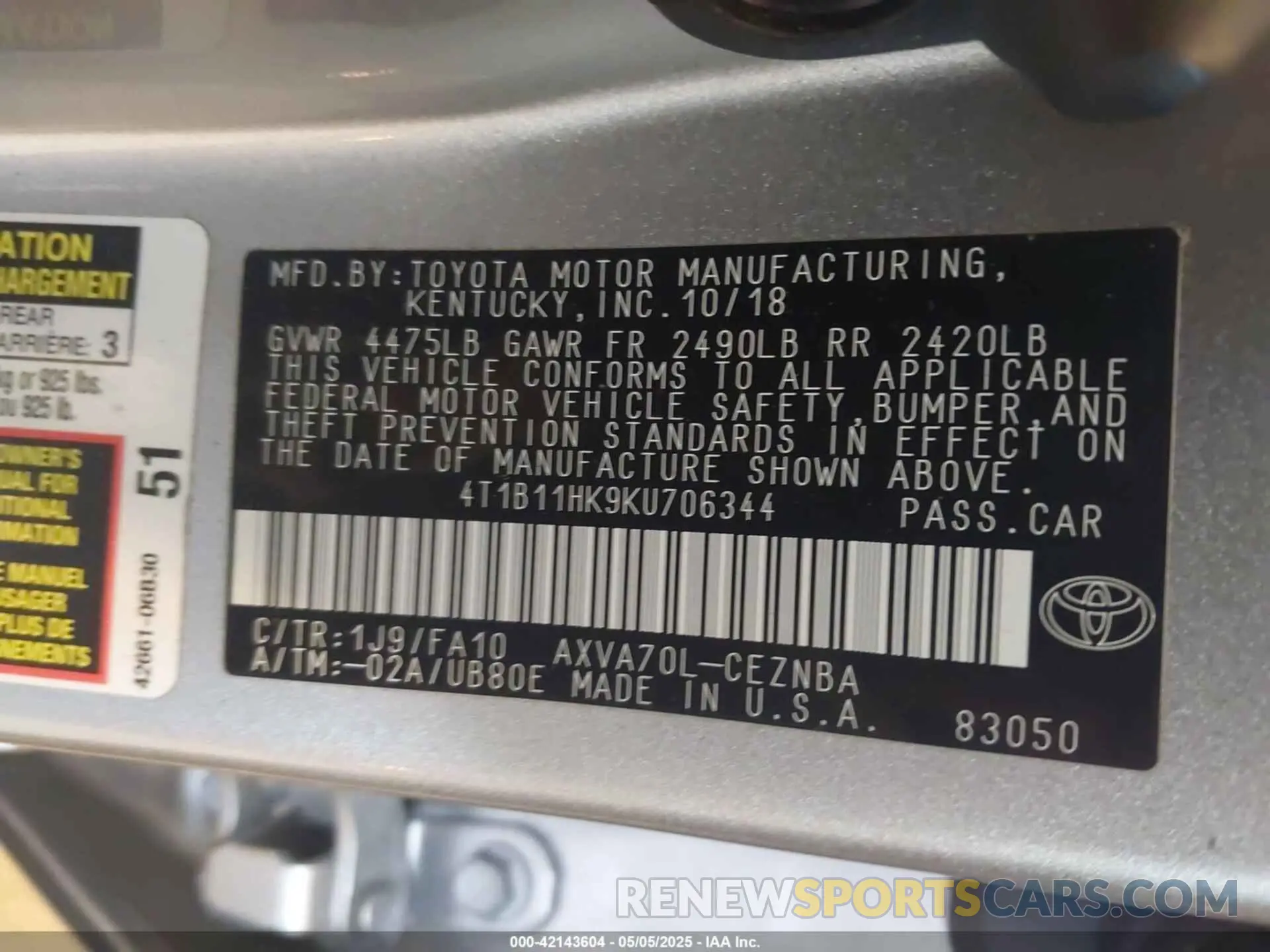 9 Photograph of a damaged car 4T1B11HK9KU706344 TOYOTA CAMRY 2019