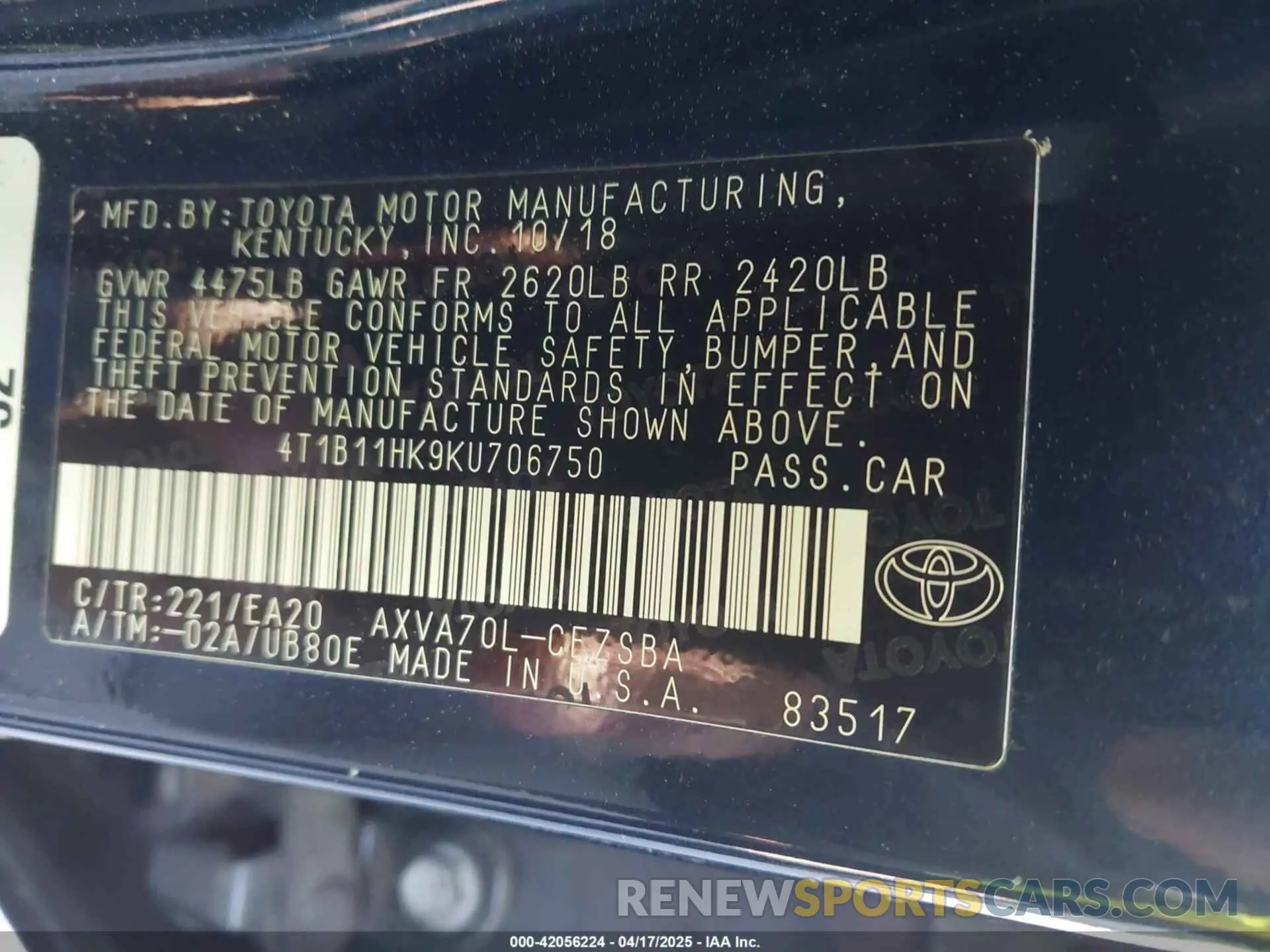 9 Photograph of a damaged car 4T1B11HK9KU706750 TOYOTA CAMRY 2019