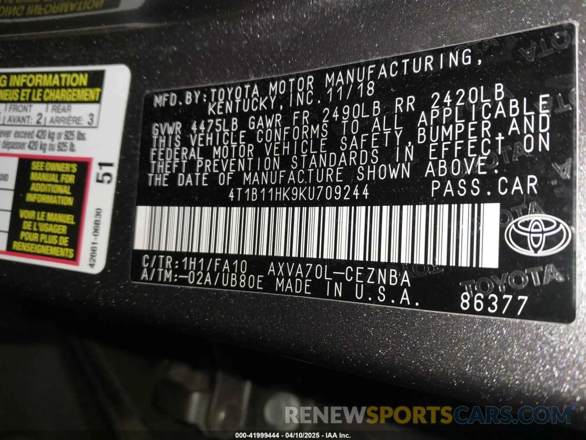 9 Photograph of a damaged car 4T1B11HK9KU709244 TOYOTA CAMRY 2019