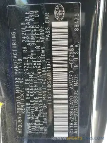 12 Photograph of a damaged car 4T1B11HK9KU711074 TOYOTA CAMRY 2019