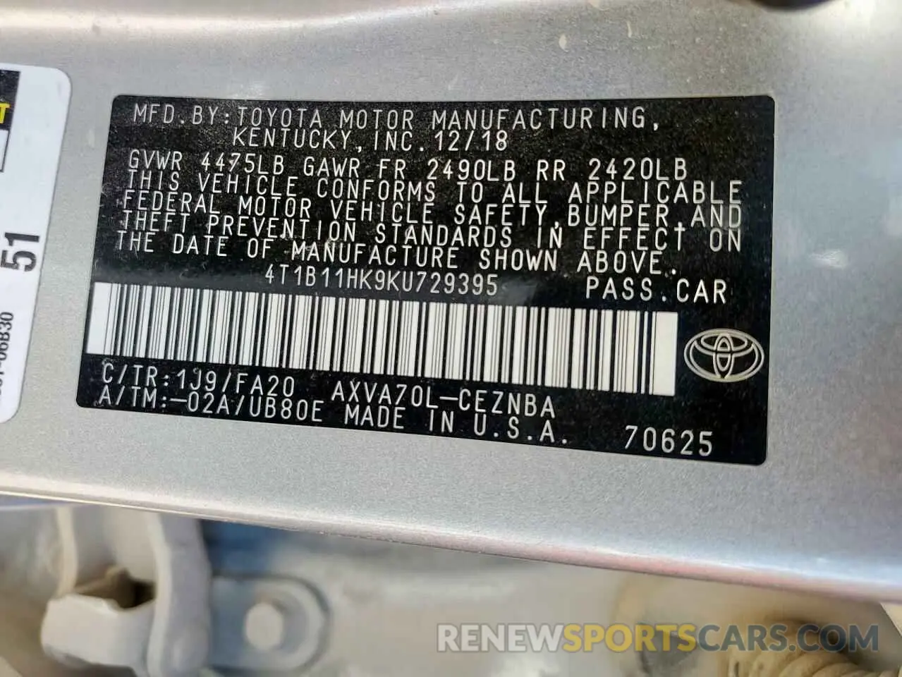 12 Photograph of a damaged car 4T1B11HK9KU729395 TOYOTA CAMRY 2019