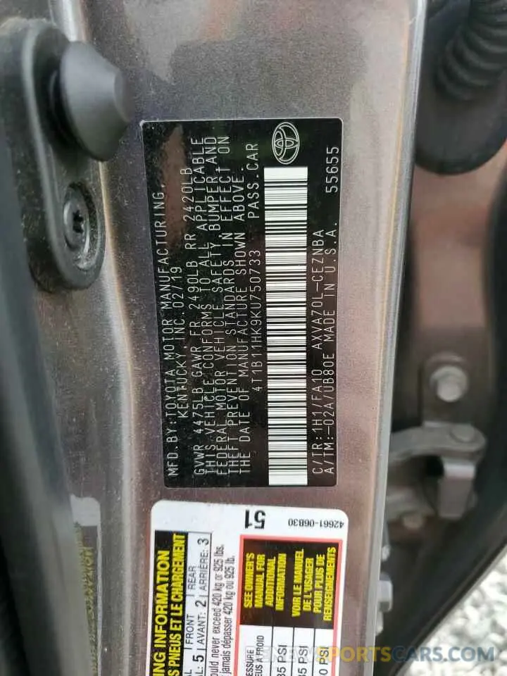 12 Photograph of a damaged car 4T1B11HK9KU750733 TOYOTA CAMRY 2019