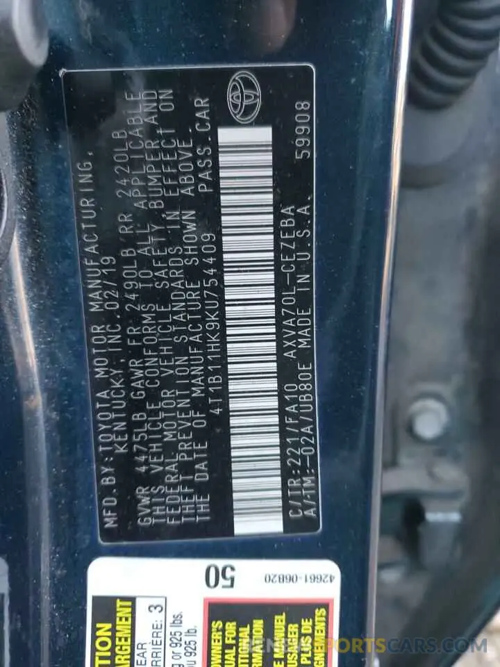 13 Photograph of a damaged car 4T1B11HK9KU754409 TOYOTA CAMRY 2019
