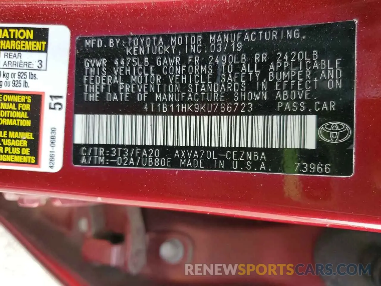 12 Photograph of a damaged car 4T1B11HK9KU766723 TOYOTA CAMRY 2019