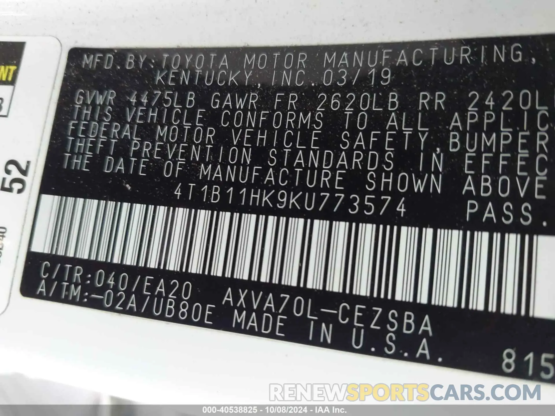 9 Photograph of a damaged car 4T1B11HK9KU773574 TOYOTA CAMRY 2019