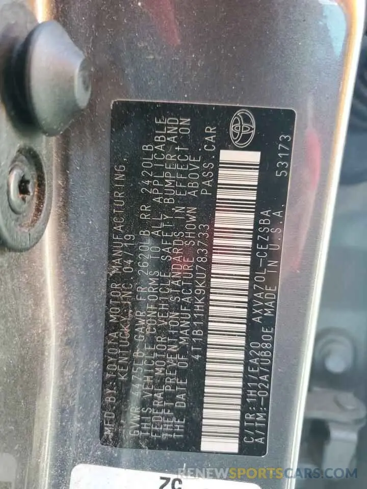 12 Photograph of a damaged car 4T1B11HK9KU783733 TOYOTA CAMRY 2019