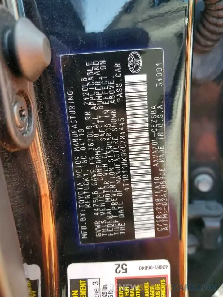 12 Photograph of a damaged car 4T1B11HK9KU784445 TOYOTA CAMRY 2019