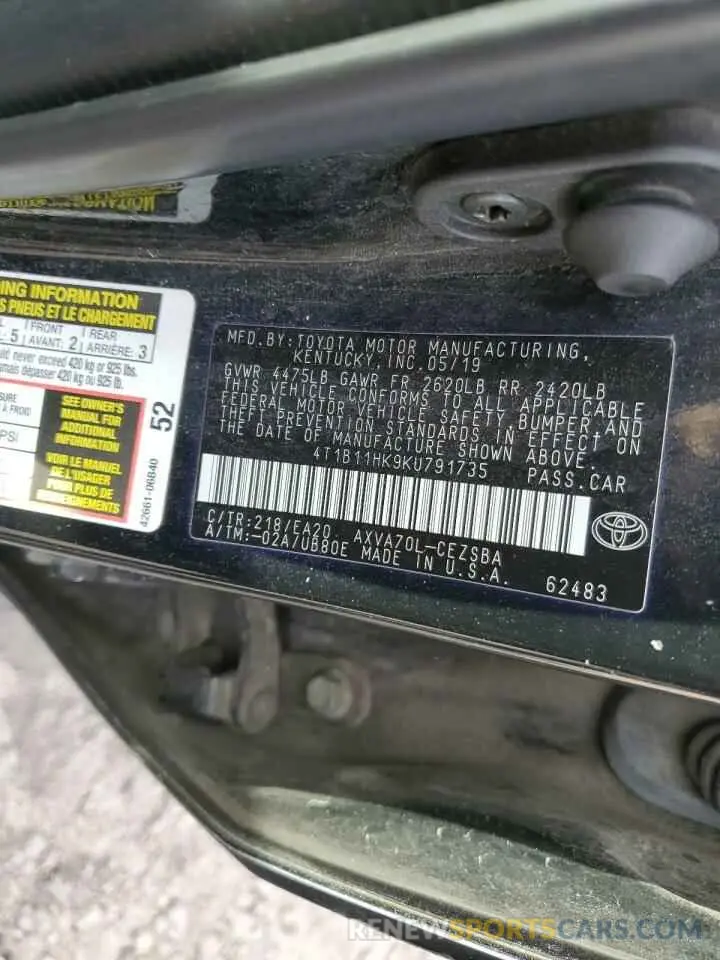 13 Photograph of a damaged car 4T1B11HK9KU791735 TOYOTA CAMRY 2019