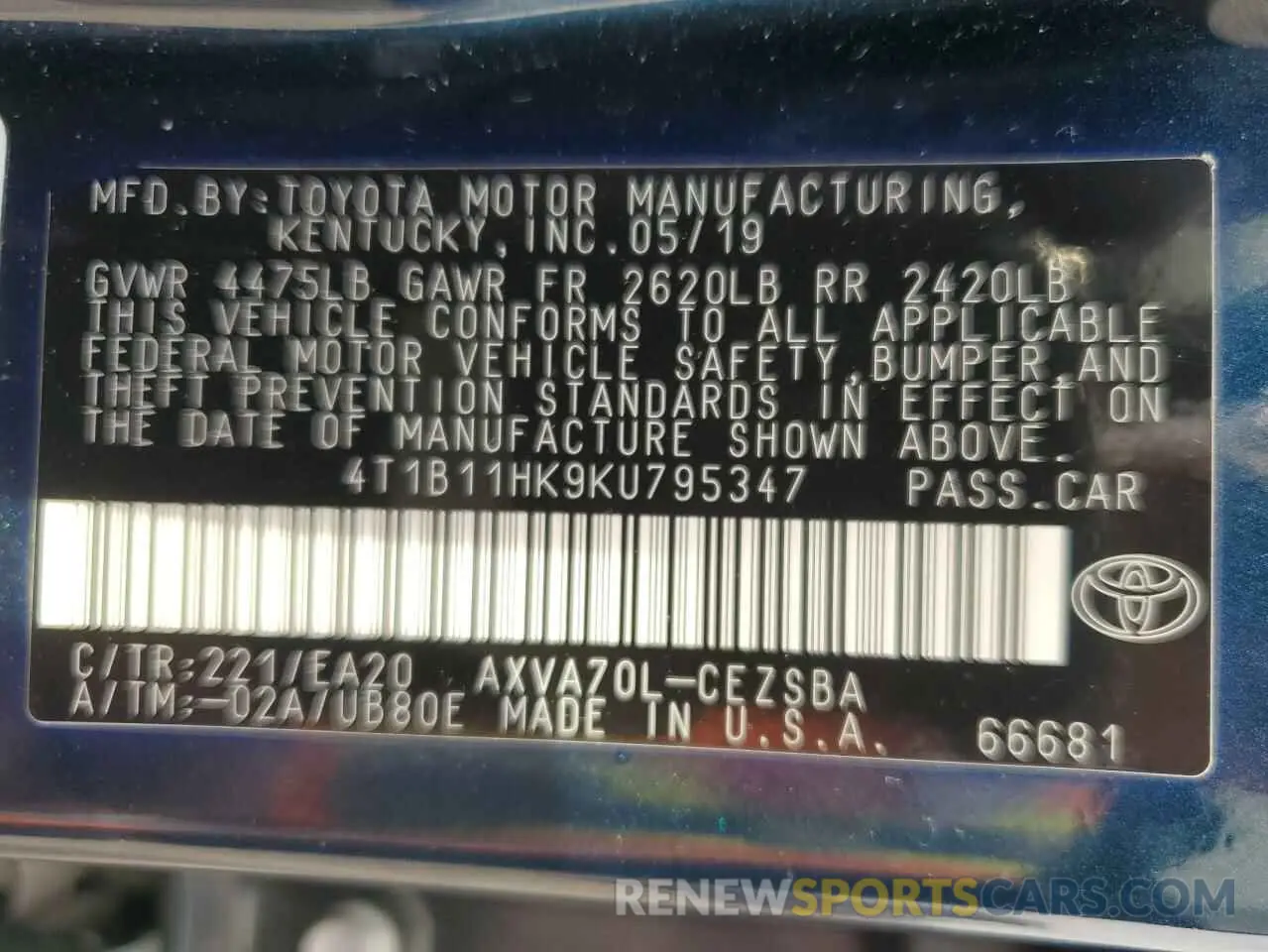 12 Photograph of a damaged car 4T1B11HK9KU795347 TOYOTA CAMRY 2019