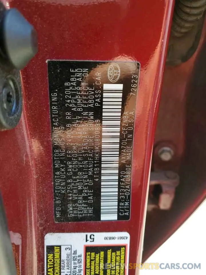 12 Photograph of a damaged car 4T1B11HK9KU800899 TOYOTA CAMRY 2019