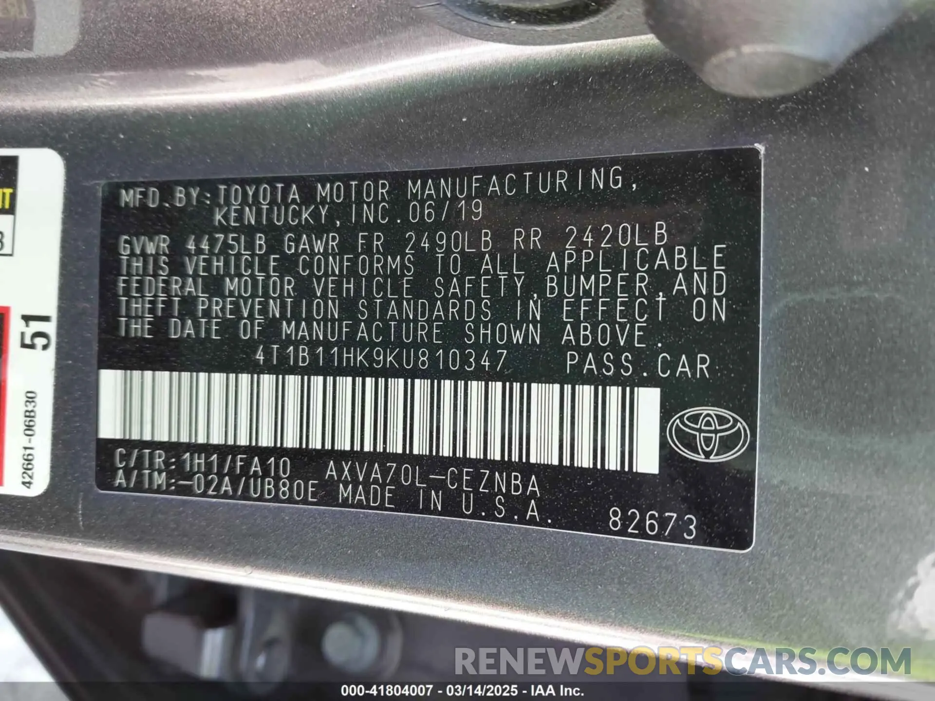 9 Photograph of a damaged car 4T1B11HK9KU810347 TOYOTA CAMRY 2019