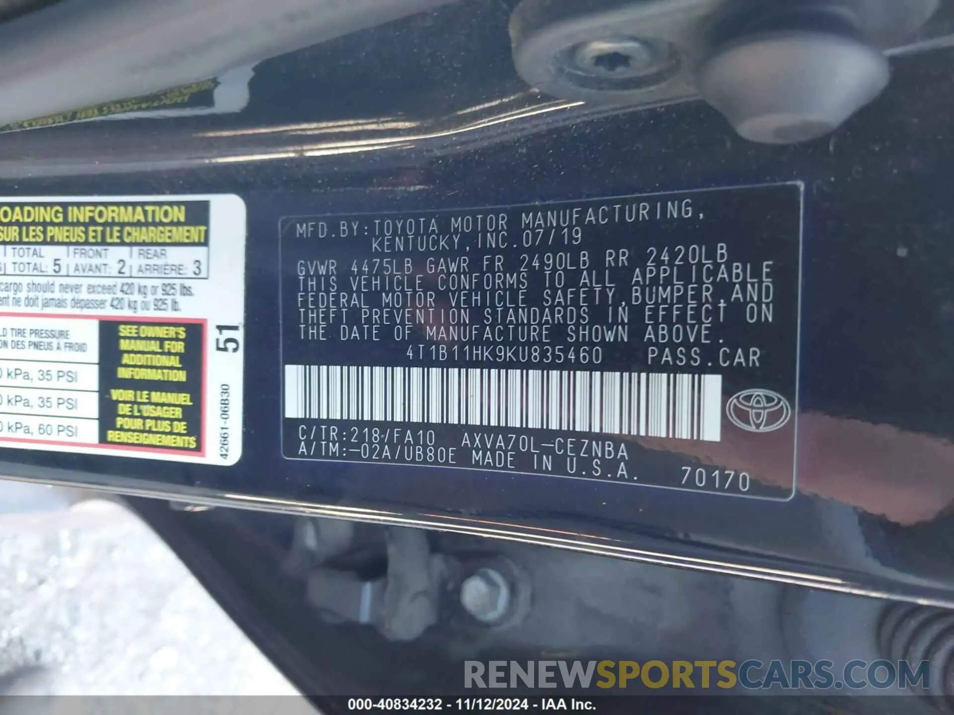 9 Photograph of a damaged car 4T1B11HK9KU835460 TOYOTA CAMRY 2019