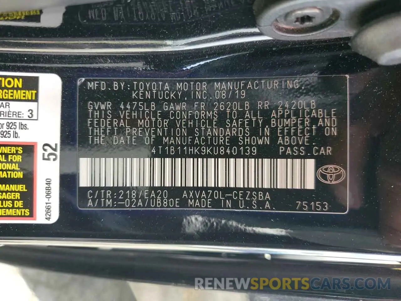 15 Photograph of a damaged car 4T1B11HK9KU840139 TOYOTA CAMRY 2019
