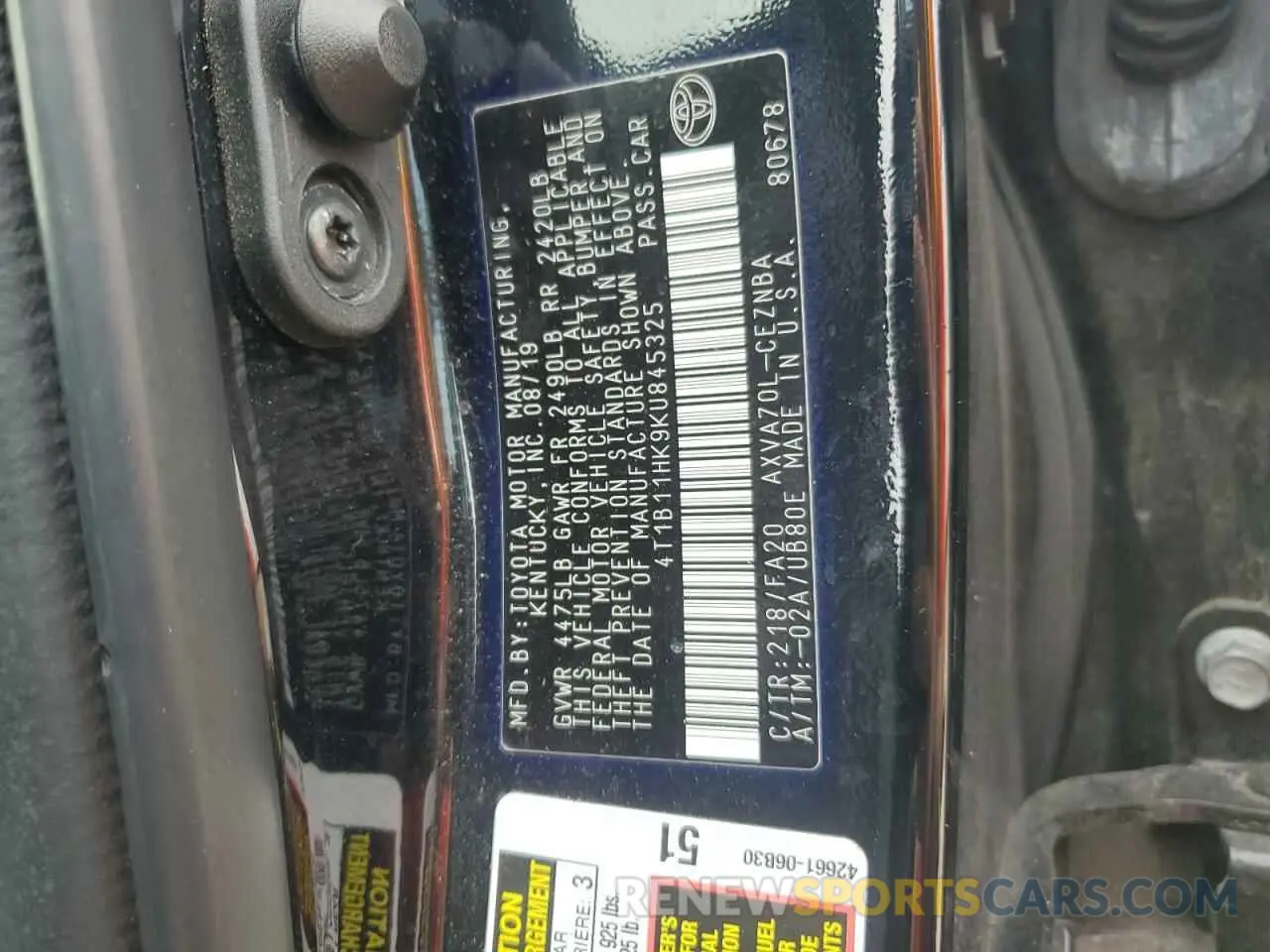 12 Photograph of a damaged car 4T1B11HK9KU845325 TOYOTA CAMRY 2019