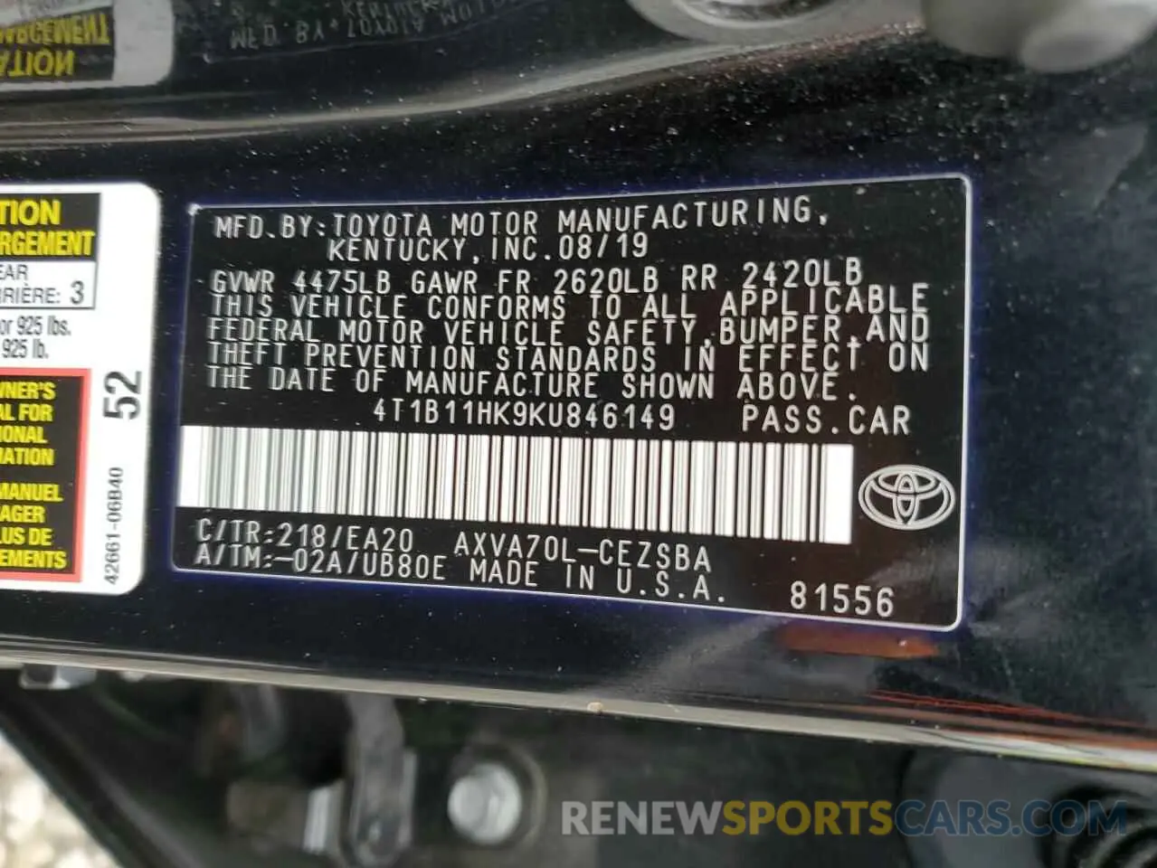12 Photograph of a damaged car 4T1B11HK9KU846149 TOYOTA CAMRY 2019