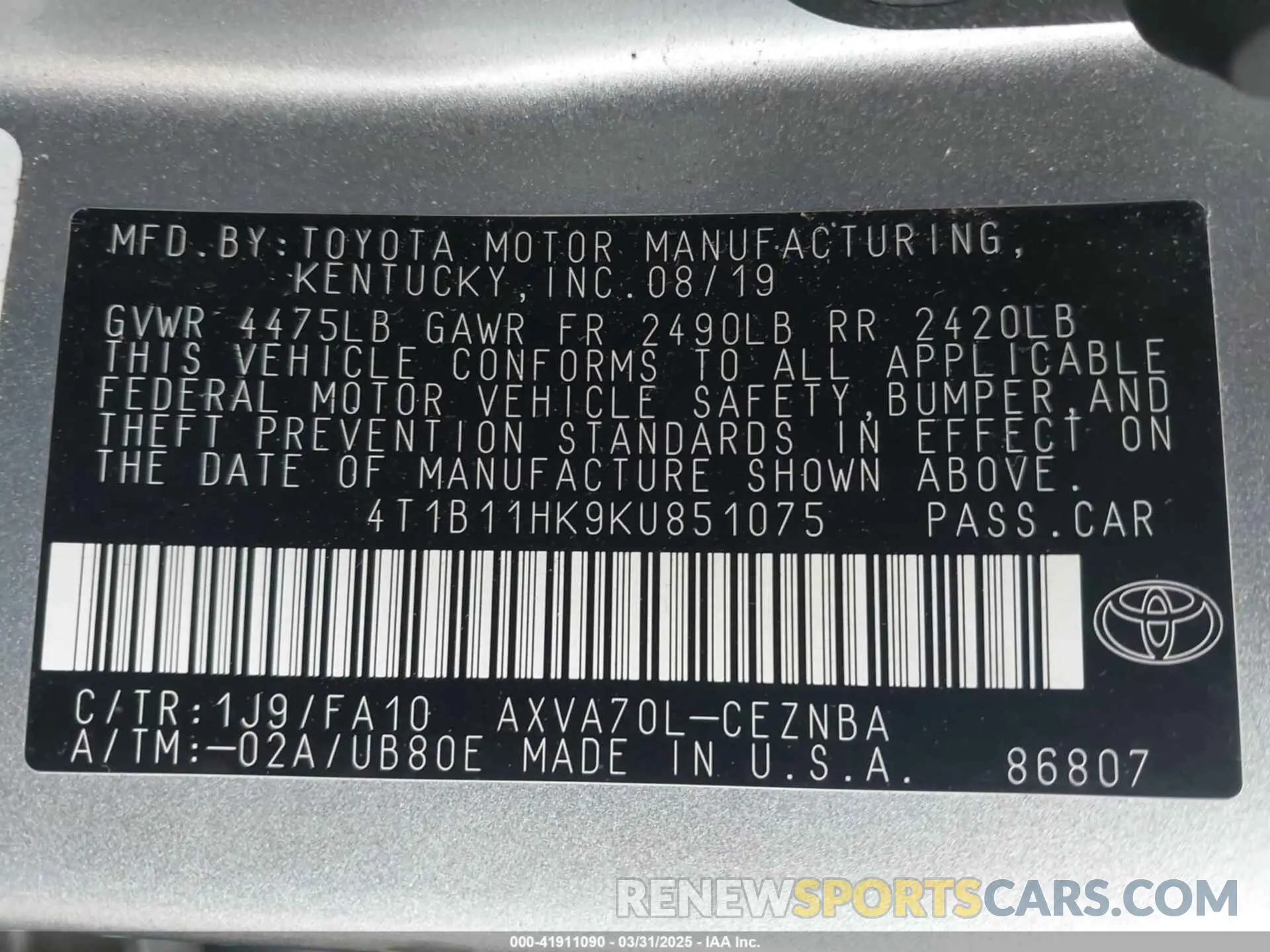 9 Photograph of a damaged car 4T1B11HK9KU851075 TOYOTA CAMRY 2019