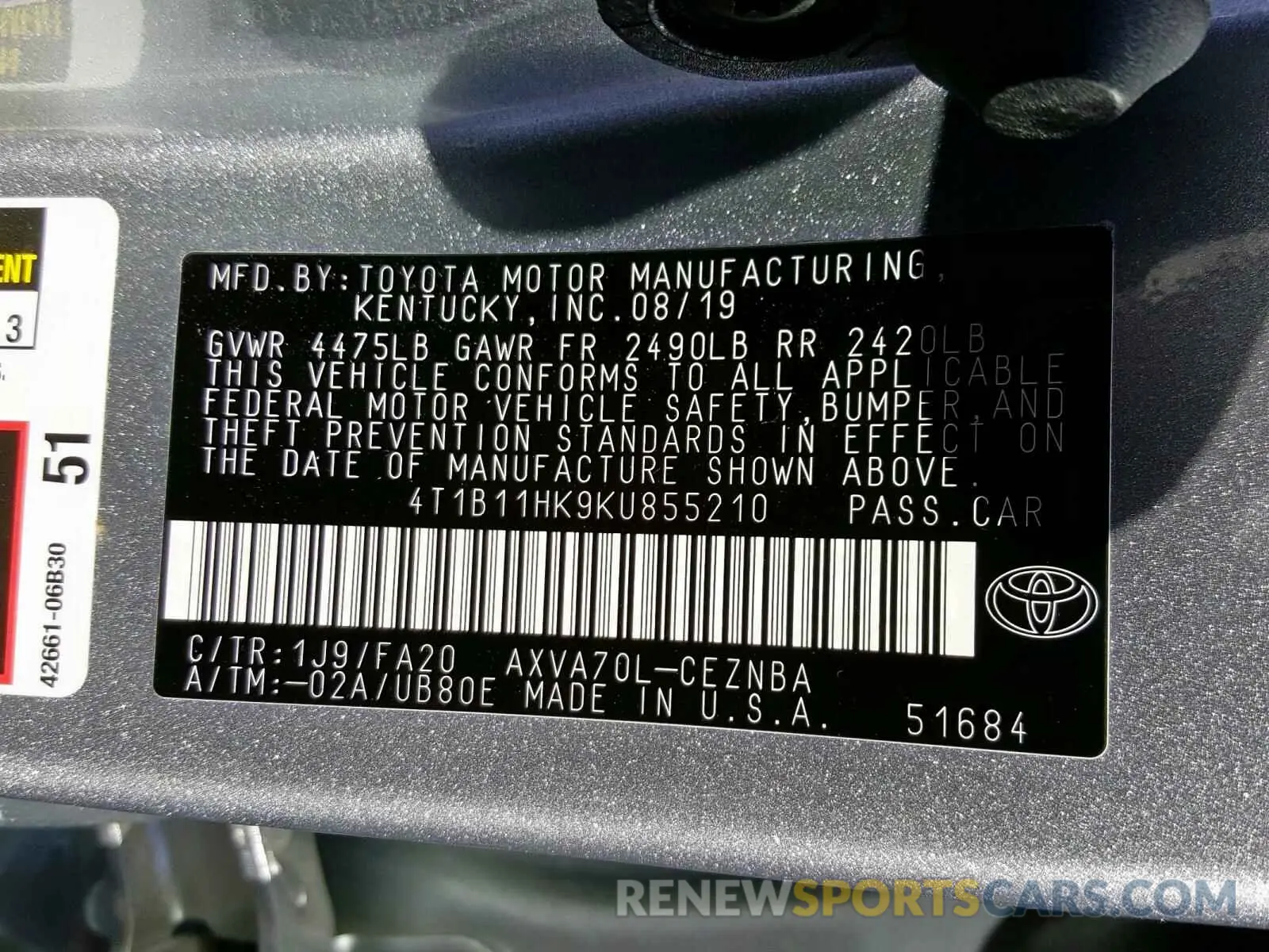 10 Photograph of a damaged car 4T1B11HK9KU855210 TOYOTA CAMRY 2019