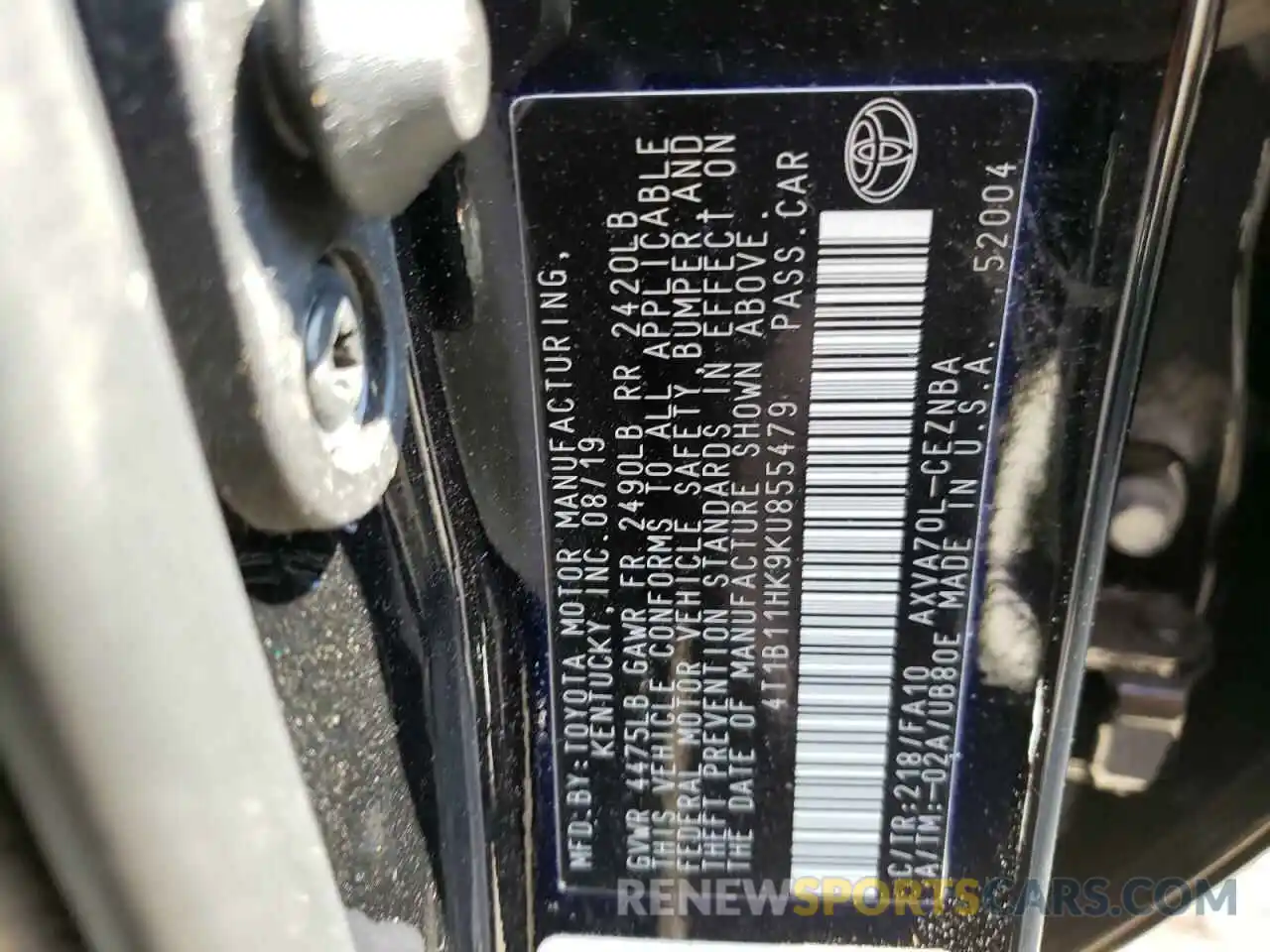 10 Photograph of a damaged car 4T1B11HK9KU855479 TOYOTA CAMRY 2019