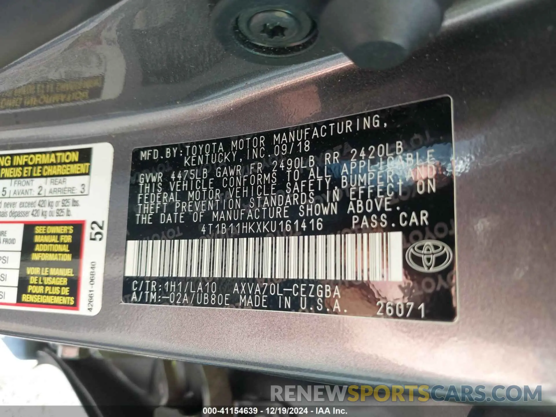 9 Photograph of a damaged car 4T1B11HKXKU161416 TOYOTA CAMRY 2019