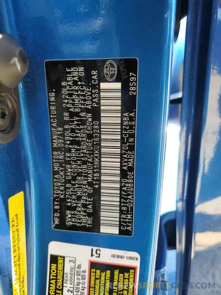 13 Photograph of a damaged car 4T1B11HKXKU163280 TOYOTA CAMRY 2019