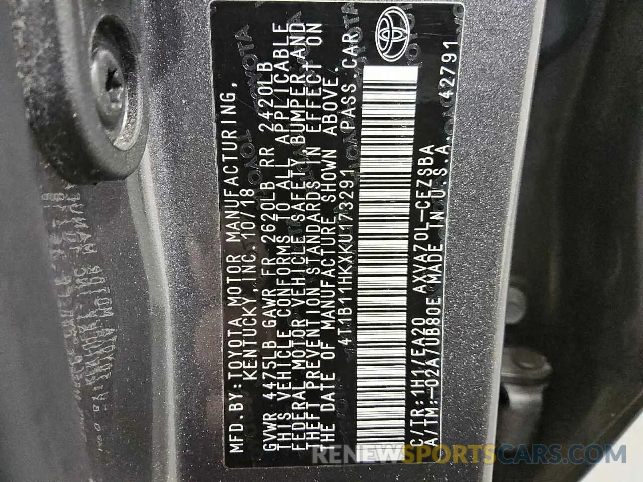 13 Photograph of a damaged car 4T1B11HKXKU173291 TOYOTA CAMRY 2019